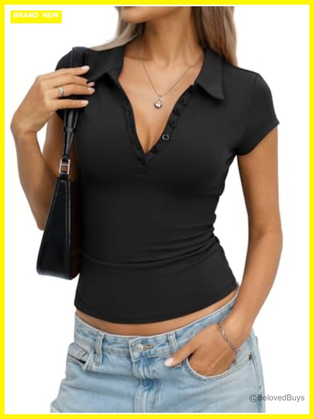 Womens Stretch Cotton Polo Button Down Cap Sleeve Business Casual Top